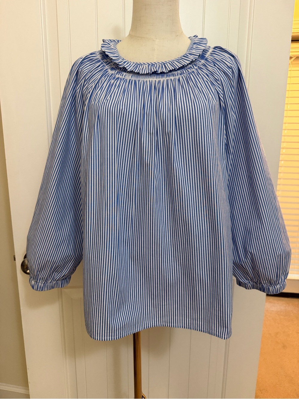 J. Crew Blue & White Striped Blouse with Ruffle Trim Sz XL